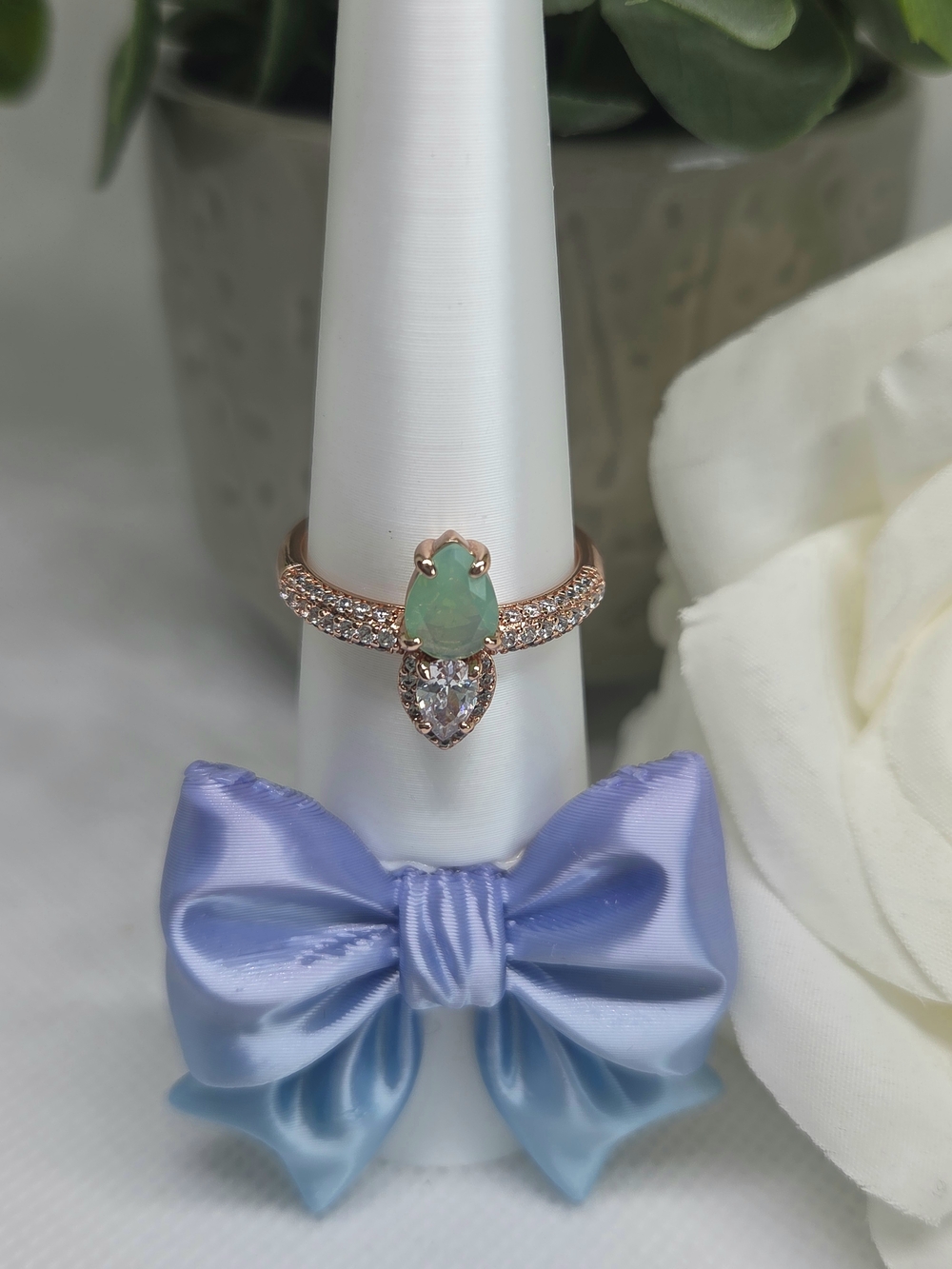 BP Green Quartz and Clear CZ Teardrop Ring On Rose Gold Plating